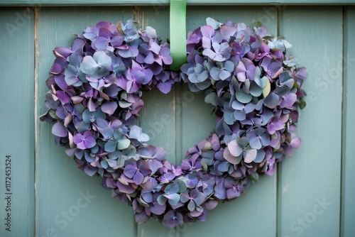 Heart shaped hydrangea wreath hanging on light green wooden door photo