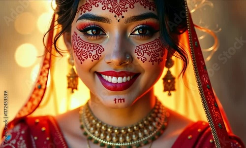 A woman with intricate henna designs on her hands and face, her beauty highlighted by a soft glow and vibrant cultural attire, showcasing tradition and elegance photo