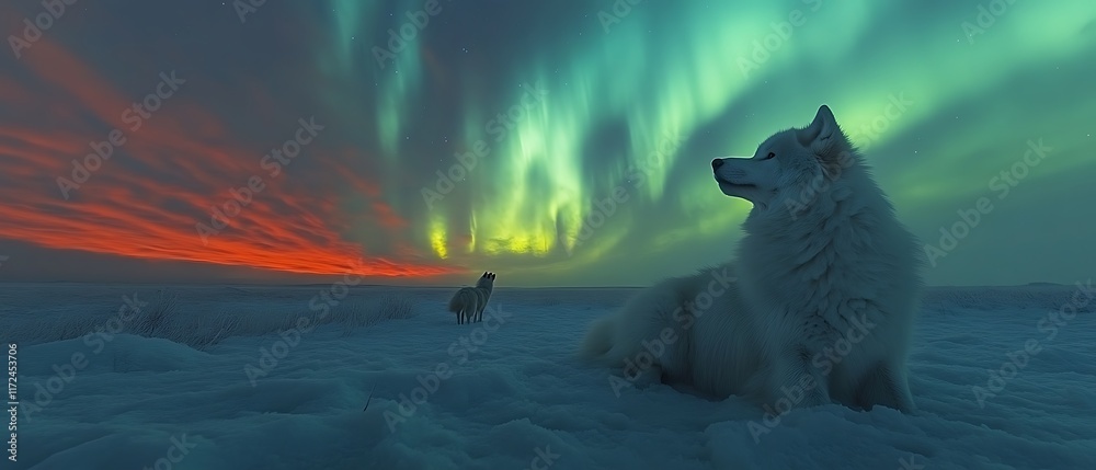 Obraz premium Two white dogs under aurora borealis.