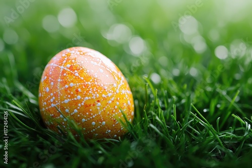 Decorated easter egg hiding in green grass photo