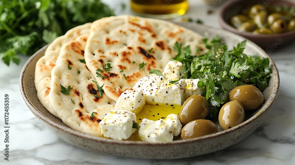 A luxurious Mediterranean breakfast featuring fluffy pita bread, rich feta cheese cubes, seasoned olives, and a vibrant mix of greens, served on a marble table with olive oil and herbs, A luxurious Mediterranean breakfast featuring fluffy pita bread, rich feta cheese cubes, seasoned olives, and a vibrant mix of greens, served on a marble table with olive oil and herbs,