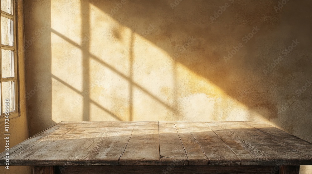 A rustic wooden table with visible marks and imperfections, placed in an empty interior with warm beige walls A rustic wooden table with visible marks and imperfections, placed in an empty interior with warm beige walls