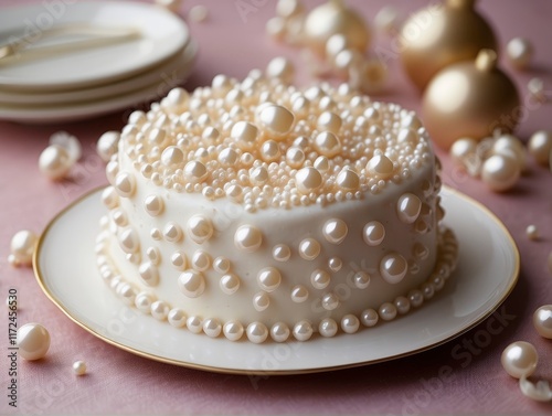 wedding cake with pearl necklace on the table