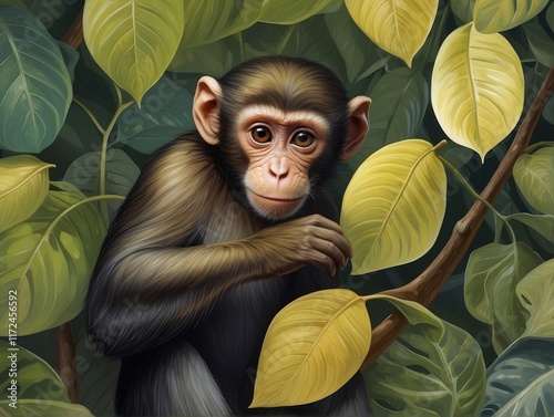 Monkey in green leaf background 