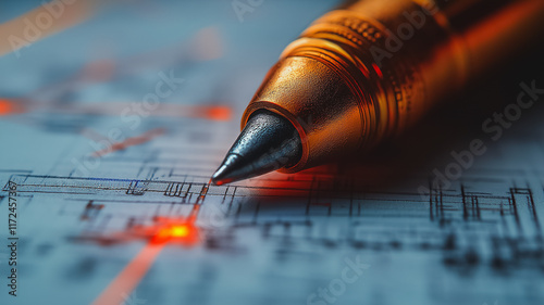 The Architect's Pen: A close-up, macro shot of a pen resting on a blueprint, with a red light highlighting the point. This image captures the precision, detail. photo