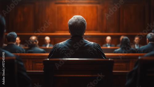 Judge in Courtroom: A lone judge sits facing a jury in a dimly lit courtroom, the scene evoking a sense of gravity and legal proceedings. The image is perfect for illustrating themes of justice, law.
