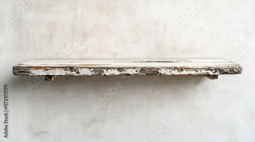 A weathered wooden shelf with chipped paint, set against a neutral backdrop in a minimalist interior