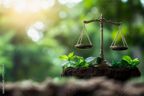 environmental law concept : Global Environmental Justice, Wooden Gavel and Golden Scales, environment, law