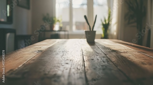 Wallpaper Mural A weathered wooden table with a natural finish, sitting in a minimalist interior with an open, uncluttered feel Torontodigital.ca