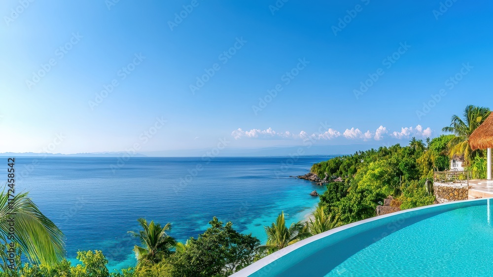 Fototapeta premium Stunning panoramic view from a luxurious exotic hotel resort overlooking serene landscapes and azure waters.