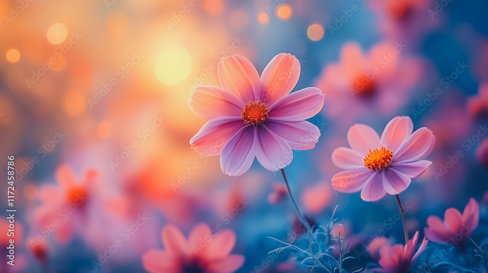 Pink Cosmos Bloom in the Golden Hour: Delicate pink cosmos flowers stand out against a backdrop of warm sunset hues, creating a stunning image that evokes a sense of peace and tranquility. The soft. Pink Cosmos Bloom in the Golden Hour: Delicate pink cosmos flowers stand out against a backdrop of warm sunset hues, creating a stunning image that evokes a sense of peace and tranquility. The soft.