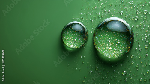 A beautiful and the green water drope on the green background , bubble and splash water , Water drop on the surface of the water , A stunning green water droplet rests gracefully on a matching green  photo