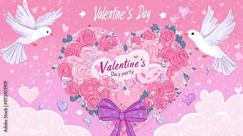 Valentine’s Day Party Invitation with Pink Heart Bouquet, Romantic Celebration Poster, Rose Floral Design, Adorable Doves and Stars, Perfect for Love-Themed Events, Cute Cartoon Style Background, Idea
