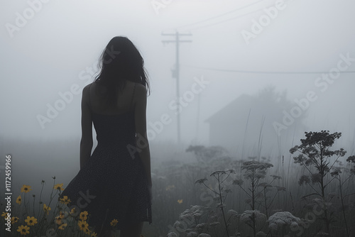 Mysterious Foggy Path: A lone woman in a black dress walks away from the camera, towards a distant house shrouded in dense fog. The scene is filled with a sense of mystery and intrigue. photo