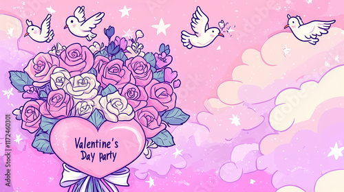 Valentine’s Day Party Invitation with Pink Heart Bouquet, Romantic Celebration Poster, Rose Floral Design, Adorable Doves and Stars, Perfect for Love-Themed Events, Cute Cartoon Style Background, Idea