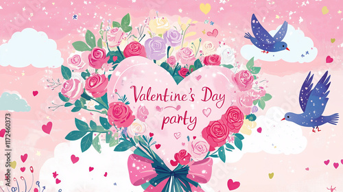 Valentine’s Day Party Invitation with Pink Heart Bouquet, Romantic Celebration Poster, Rose Floral Design, Adorable Doves and Stars, Perfect for Love-Themed Events, Cute Cartoon Style Background, Idea