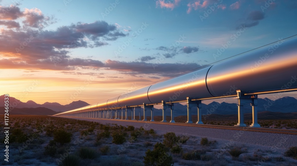 Modern Transport Technology Pipe Through Desert Landscape at Sunset in Mountainous Region Modern Transport Technology Pipe Through Desert Landscape at Sunset in Mountainous Region