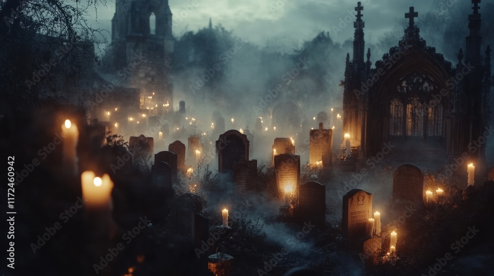 Fototapeta premium A Mystical Night at the Ancient Cemetery: Candles Illuminate Tombstones in Foggy Enchantment