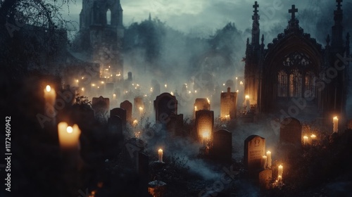 A Mystical Night at the Ancient Cemetery: Candles Illuminate Tombstones in Foggy Enchantment
