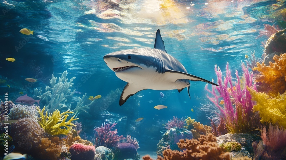 Fototapeta premium Abstract Underwater Scene with a Shark and Vibrant Marine Life 