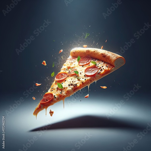 Slice of tasty cheesy and peperroni pizza with Flying Ingredients on a dark background .