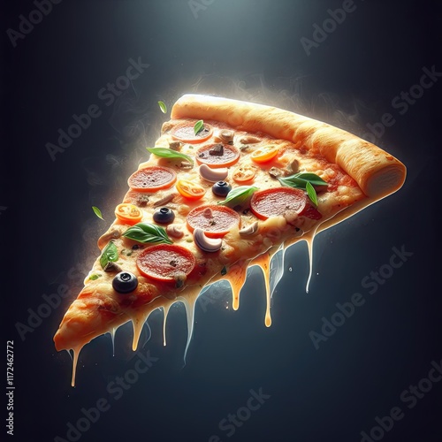Slice of tasty cheesy and peperroni pizza with Flying Ingredients on a dark background .