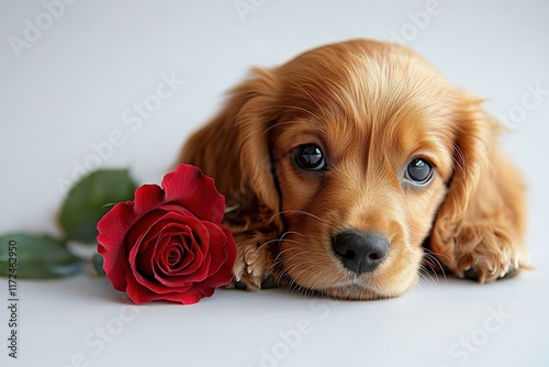 Cocker spaniel puppy adoring a red rose indoor setting pet photography cozy environment close-up love and affection