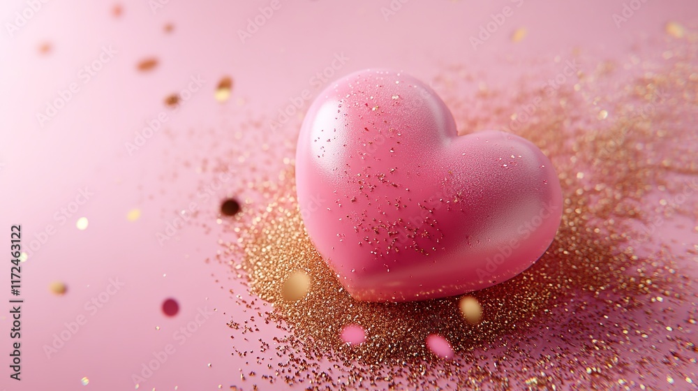 Fototapeta premium Pink Heart with Glitter on a Soft Pink Background for Celebrations