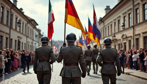 Military parade featuring soldiers with flags in a historical city setting during the day