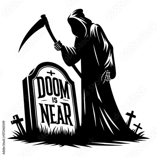Grim Reaper Silhouette Vector Illustration with the text "Doom is near"