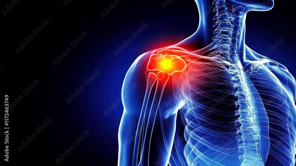Medical illustration of shoulder pain with x ray effect highlighting pain location on human body, injury and accident treatment concept including rotator cuff issues
