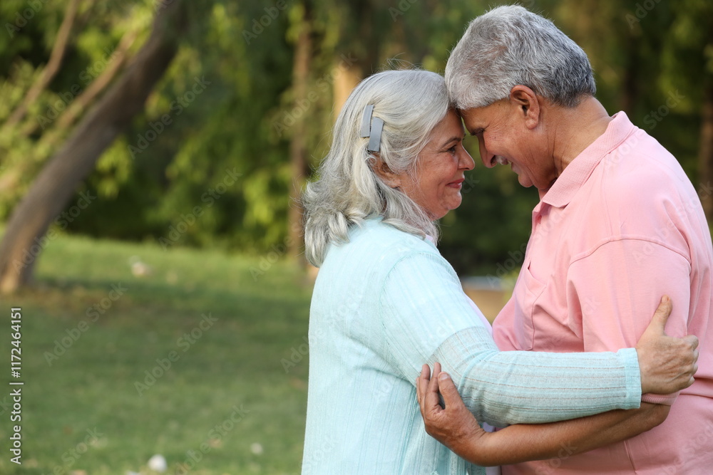 Indian happy senior beautiful couple embracing tohether and looking romantic and close together in garden Indian happy senior beautiful couple embracing tohether and looking romantic and close together in garden