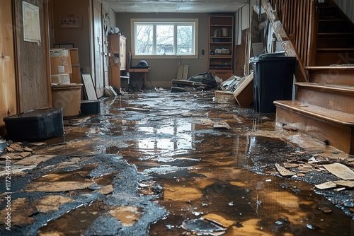 water damage evident in a basement due to flooding displaying the aftermath of an unforeseen natural disaster with soaked carpets and structural impacts emphasizing the need for recovery