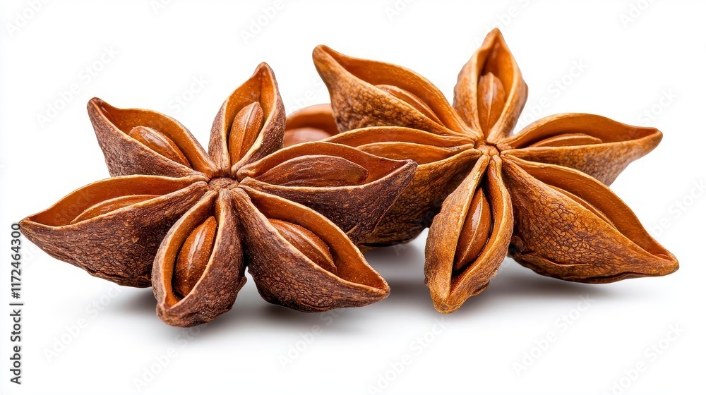 A photostock of a star anise spice cluster with its unique star-shaped design, arranged naturally on a bright white background for culinary themes. High Quality A photostock of a star anise spice cluster with its unique star-shaped design, arranged naturally on a bright white background for culinary themes. High Quality