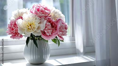 Wallpaper Mural Vase of pink and white flowers sits on a windowsill. The flowers are arranged in a way that they are all facing the same direction, creating a sense of harmony and balance Torontodigital.ca