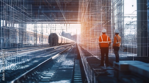 Engineers team analyzing unfinished on railway station construction site