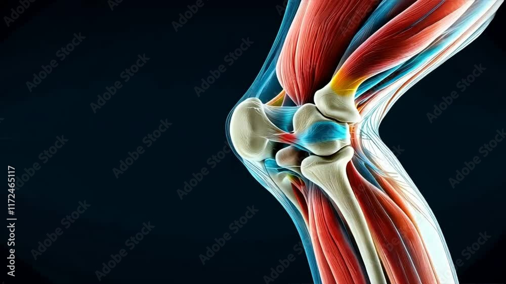 Detailed knee joint illustration with colorful muscles and bones injury and accident treatment, focus on mcl, bursitis hip, and structural anatomy
