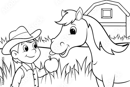 Happy Boy Feeds Apple to Friendly Farm Horse Coloring Page