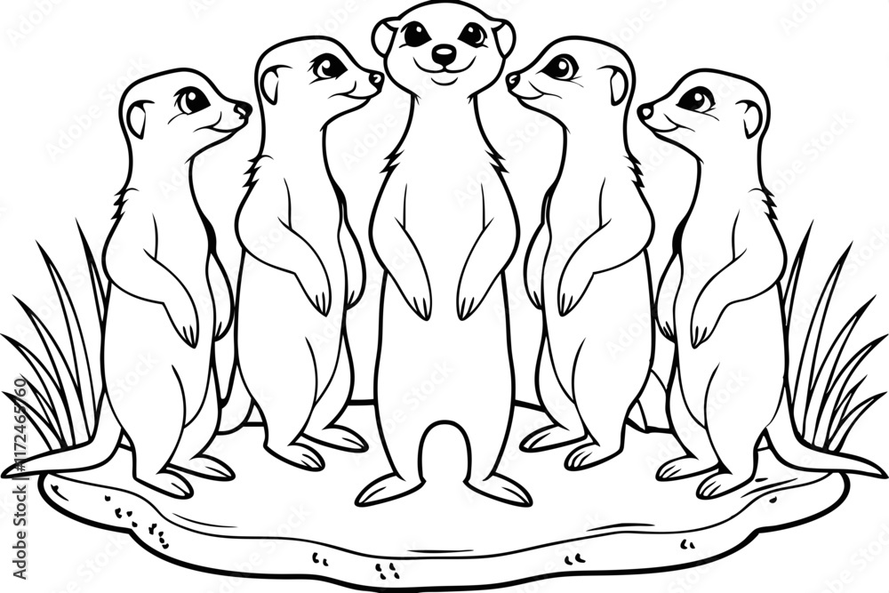 Obraz premium Five Meerkats Standing Together in a Circle, Black and White Illustration