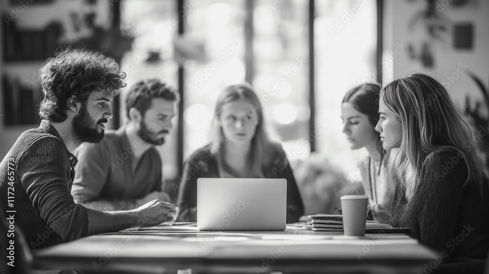 Collaborative Brainstorming: A team of young professionals huddle around a laptop, engaged in a lively brainstorming session.