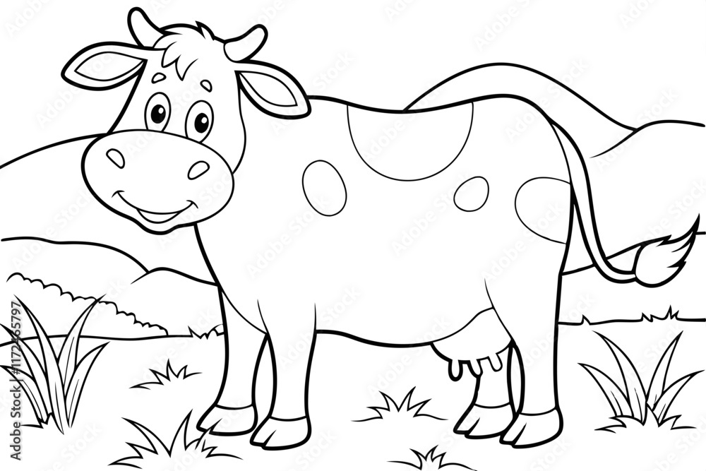 Fototapeta premium Happy Cow Coloring Page Farm Animal, Black and White