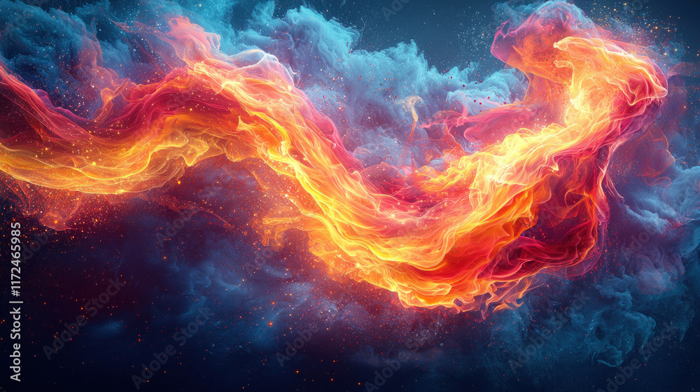 Fiery stream flows through smoky clouds, sparks in cosmic background, ideal for abstract art Fiery stream flows through smoky clouds, sparks in cosmic background, ideal for abstract art