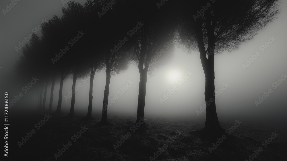 Fototapeta premium Mysterious Foggy Lane: Silhouettes of trees stand tall in a thick fog, creating an eerie and atmospheric scene. The soft light in the distance adds an element of mystery and intrigue.