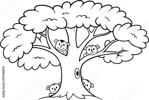 Cartoon Tree with Four Adorable Hiding Monkeys Illustration