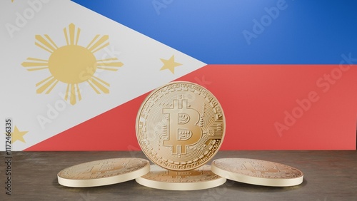 Golden bitcoin coin in front of the Philippine flag, symbolizing cryptocurrency and digital finance in Philippines, representing blockchain innovation and financial technology in a patriotic context