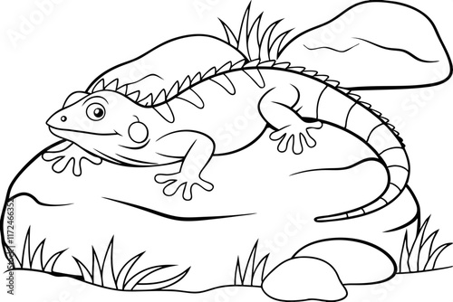 Cartoon Iguana Basking on Rock, Coloring Page, Reptile Illustration