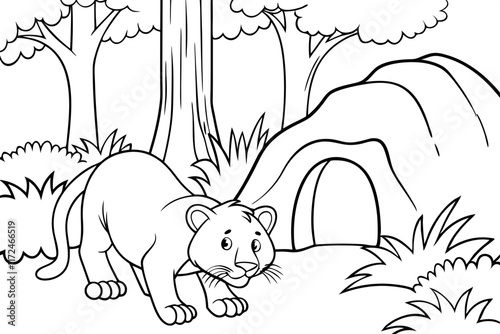 Black and White Cougar in Forest Cave Habitat Drawing
