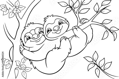 Adorable Sloth Duo in Treetop Habitat Coloring Page