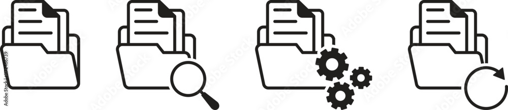 Set of folder icons, data collection or files with papers. Documentation, search, analysis, management, settings, reset data or files icons. Vector illustration Set of folder icons, data collection or files with papers. Documentation, search, analysis, management, settings, reset data or files icons. Vector illustration