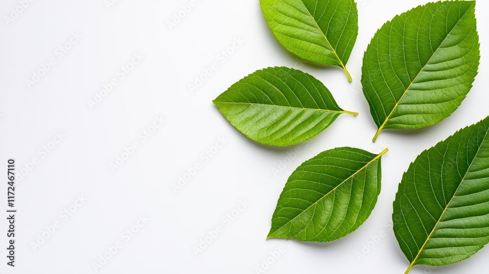 A photostock of crisp, green leaves placed naturally, scattered evenly across a clean white surface for a fresh and eco-friendly visual theme. High Quality A photostock of crisp, green leaves placed naturally, scattered evenly across a clean white surface for a fresh and eco-friendly visual theme. High Quality